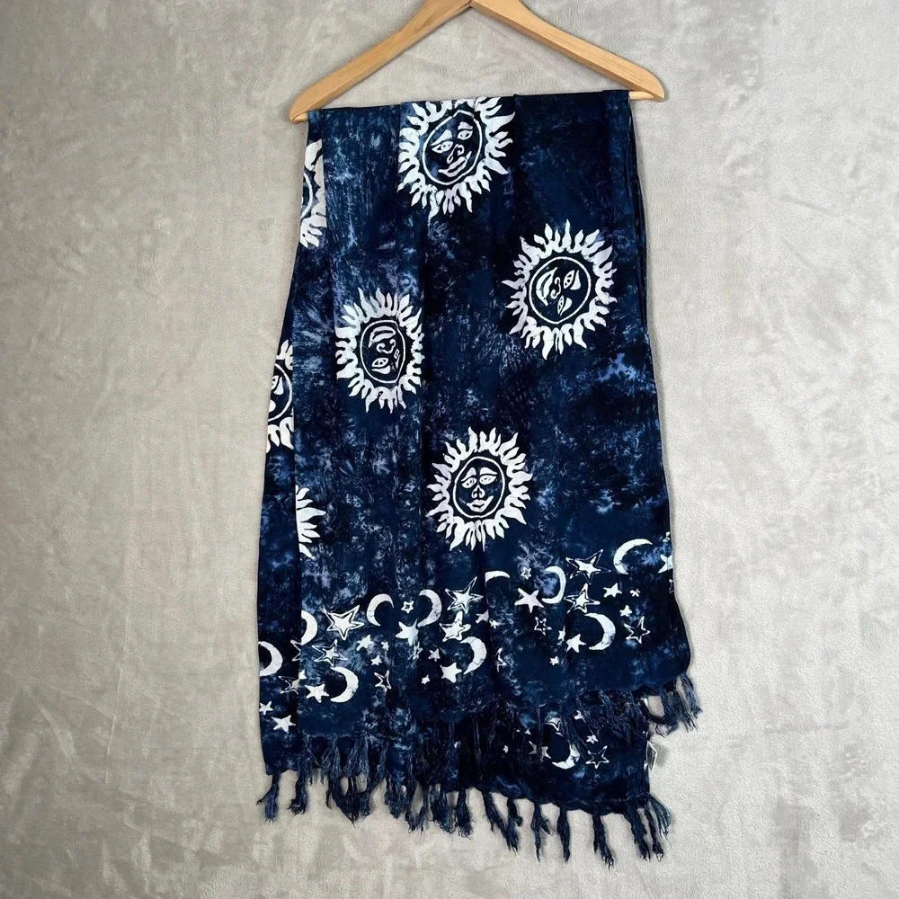 Beach Wrap Sarong Tie Dye Fringe BATIK Rayon Blue White Scarf Tapestry Celestial